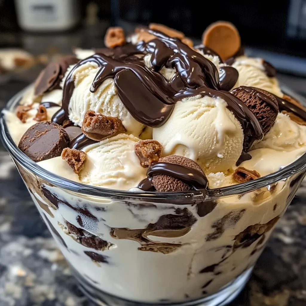 A bowl of ice cream with chocolate sauce and chocolate chips.