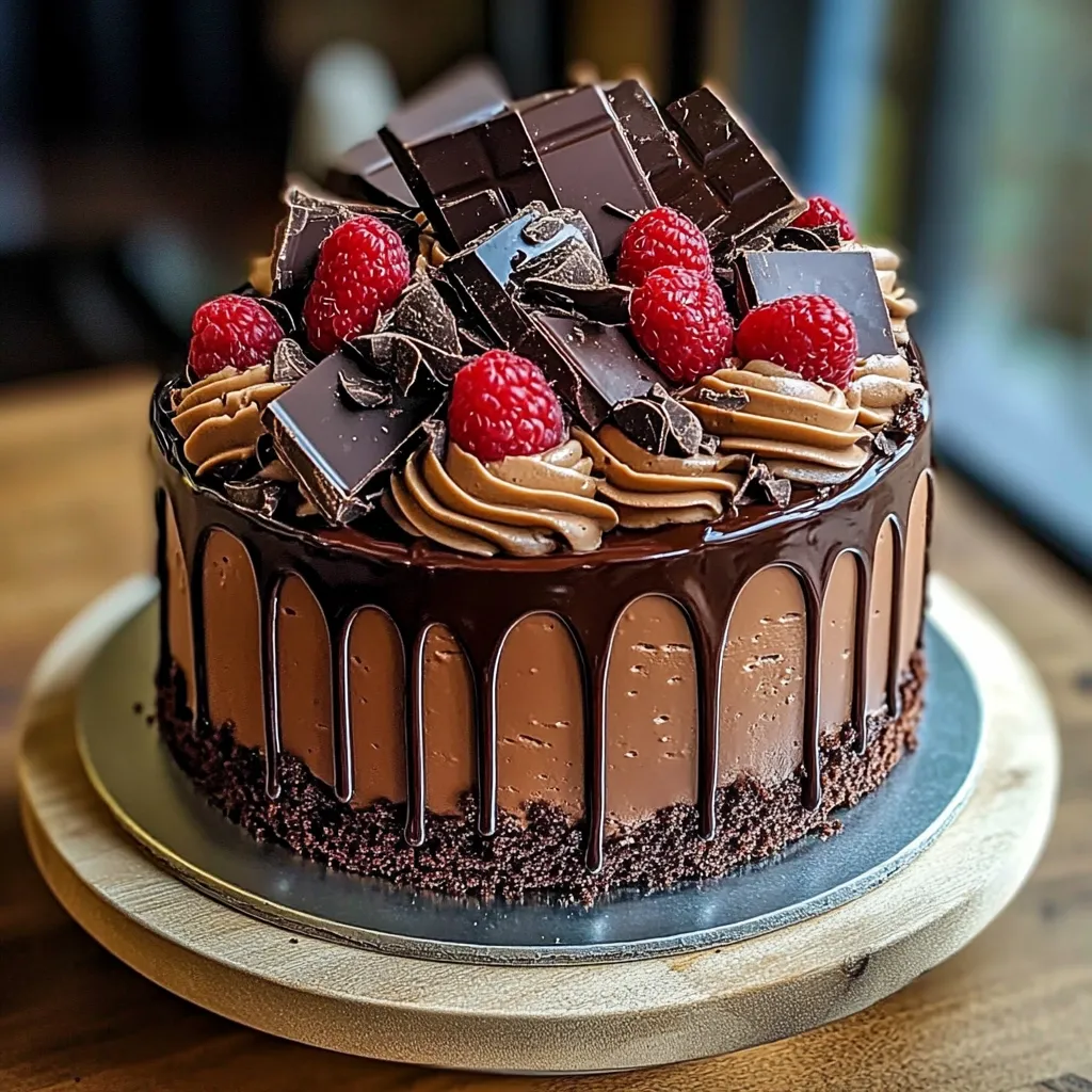 A chocolate cake with raspberries on top.