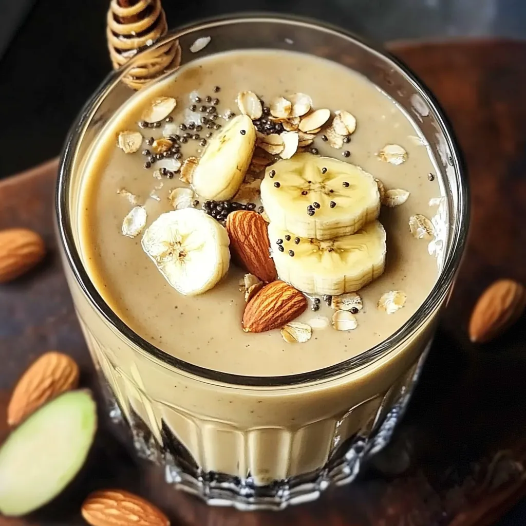 A glass of banana and almond milk.