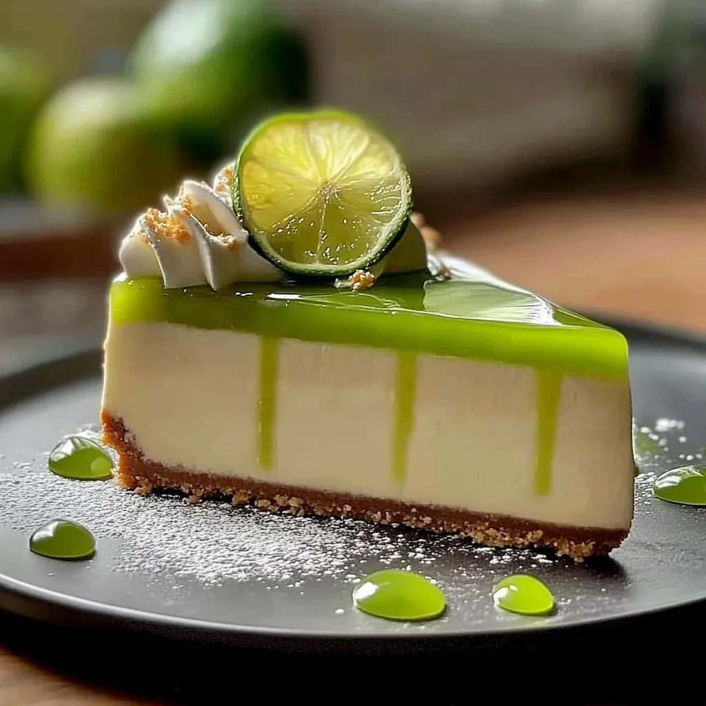 A slice of cheesecake with a lemon wedge on top.