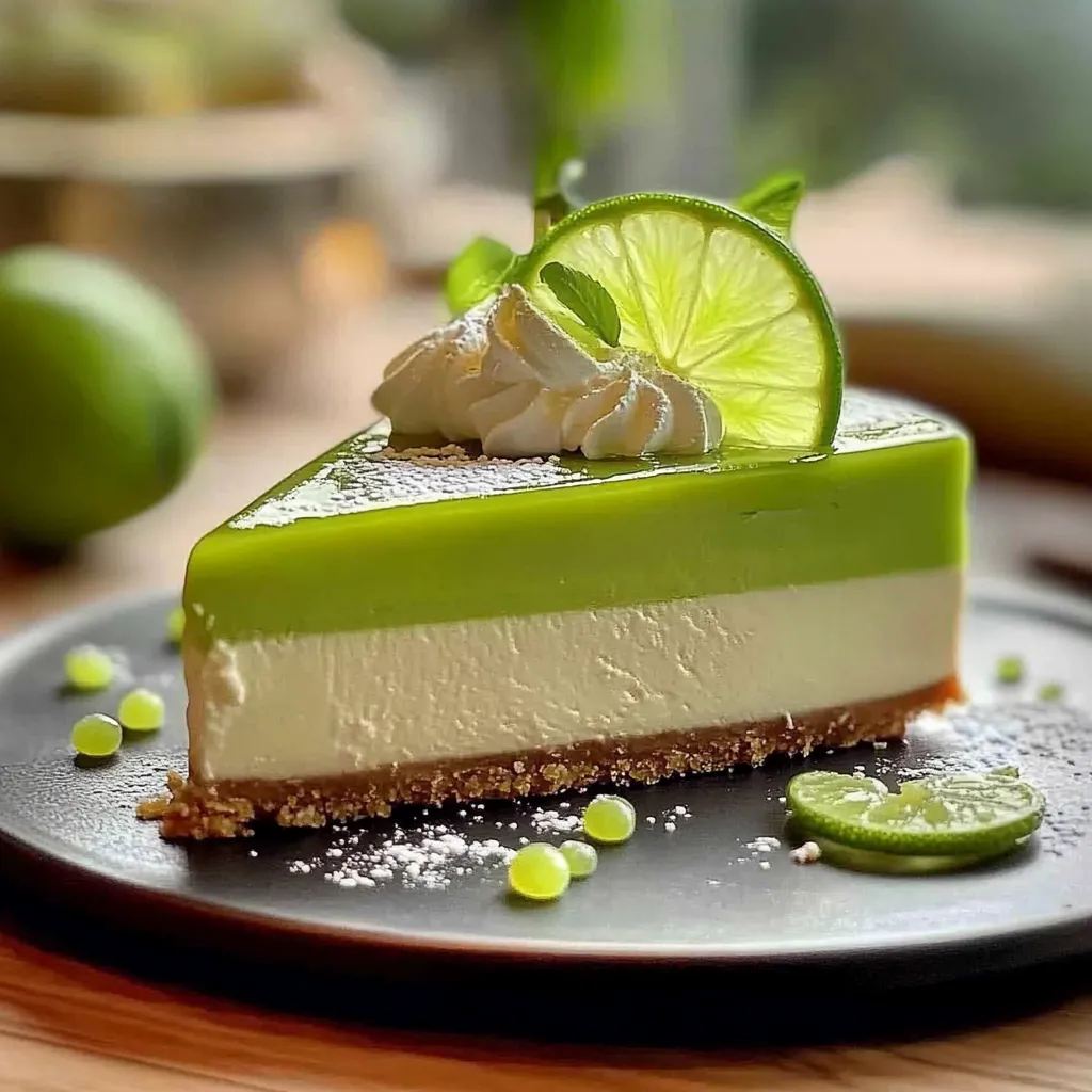 A slice of green cake with white frosting and a slice of lime on top.