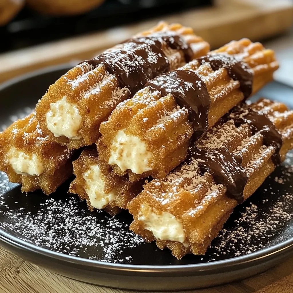 A plate of churros with chocolate drizzled on top.