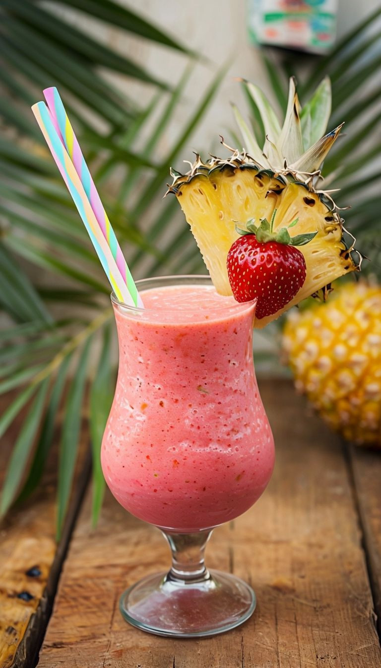 A pink smoothie with a strawberry on top.