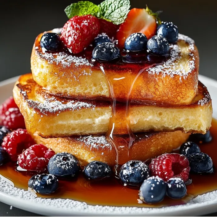 A stack of French toast with blueberries and strawberries.