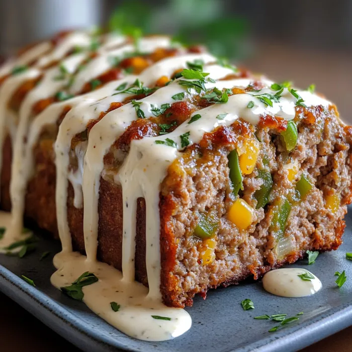 A slice of meatloaf with white sauce on it.