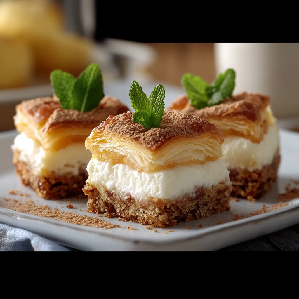 Two pieces of dessert with mint leaves on top.