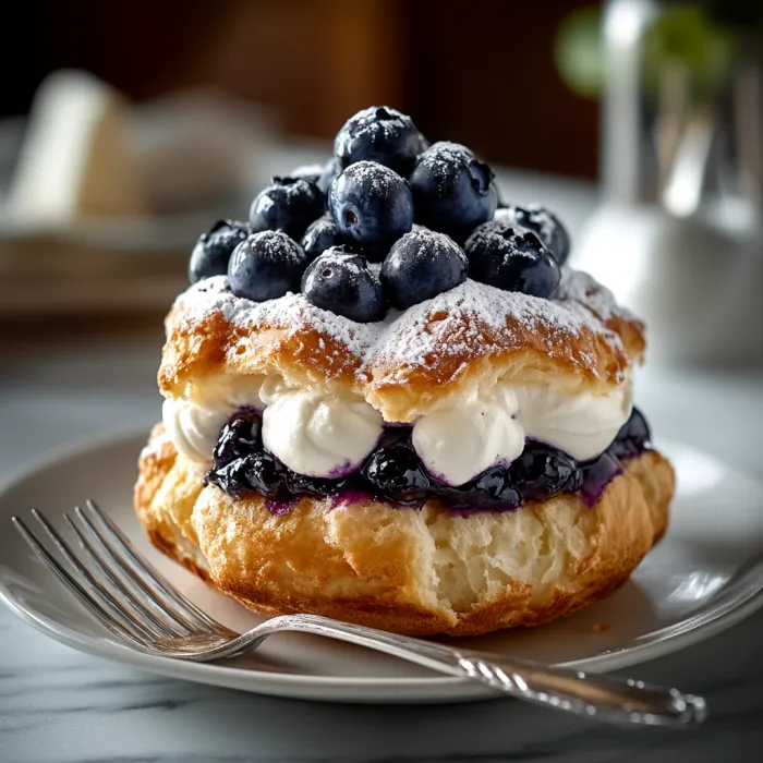A pastry with blueberries and whipped cream.