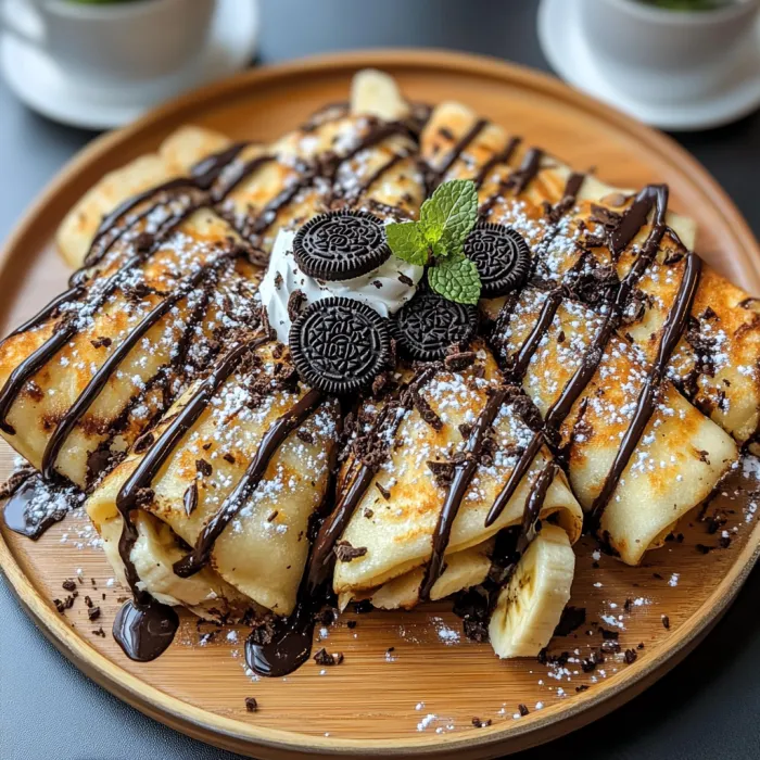 A plate of food with chocolate drizzled on it.