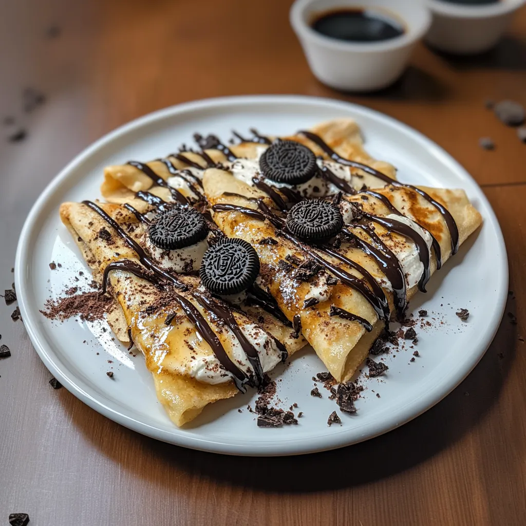 A plate of food with chocolate and cream drizzled on top.