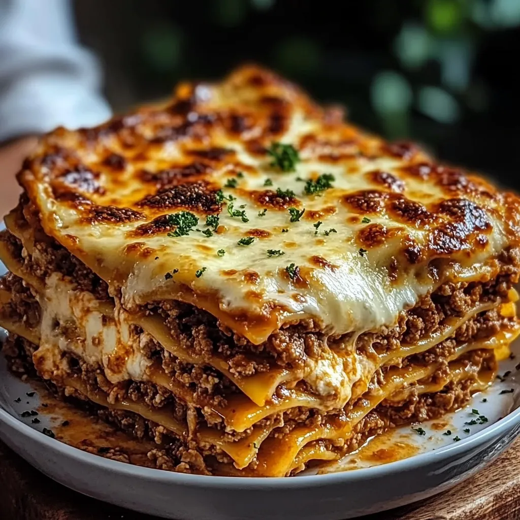 A stack of lasagna on a plate.