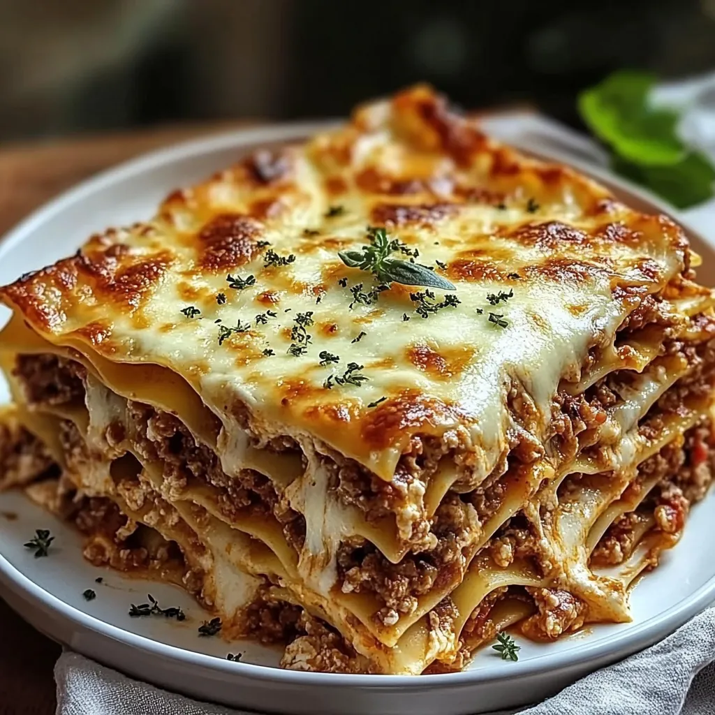 A stack of lasagna on a plate.
