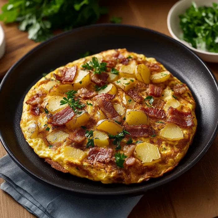A plate of food with bacon and potatoes.