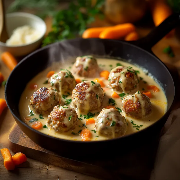 A pan of meatballs and carrots.