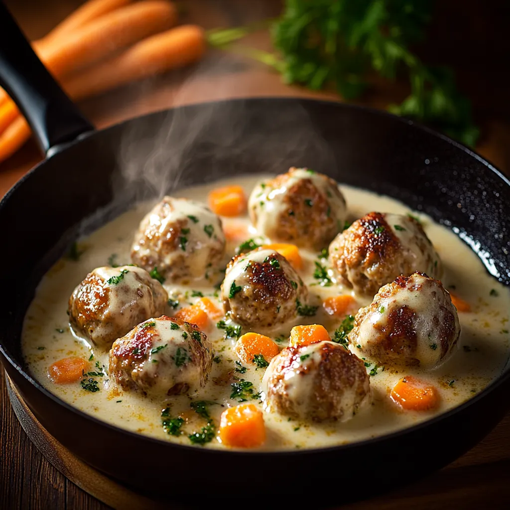 A pan of meatballs with carrots.