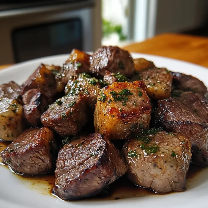 A plate of meat with potatoes.