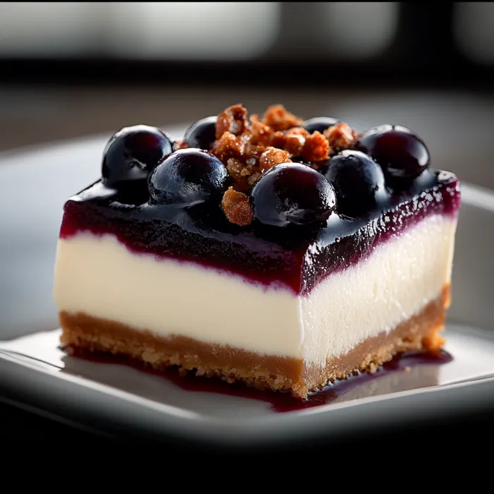 A slice of cake with blueberries and walnuts.