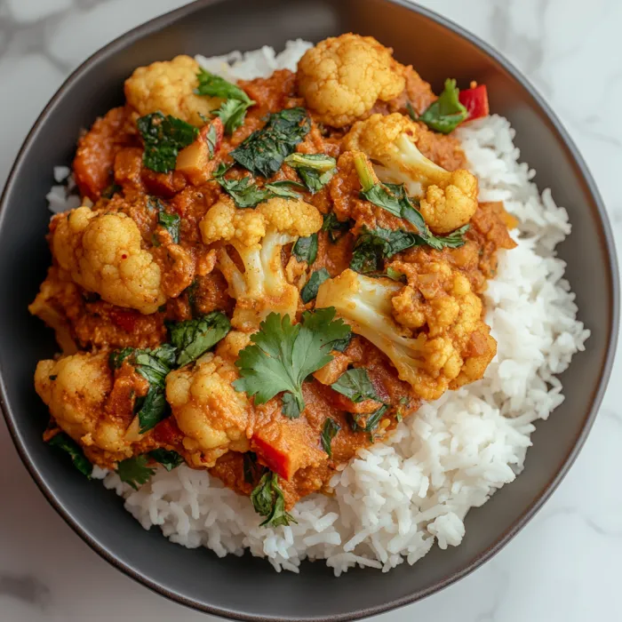 A bowl of rice with cauliflower and a green herb on top.
