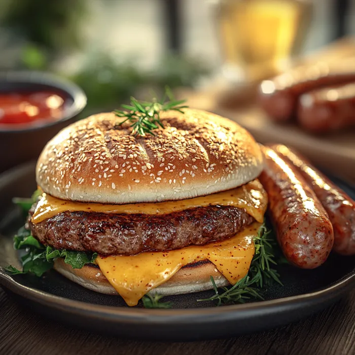 A hamburger with cheese and a pickle on top.