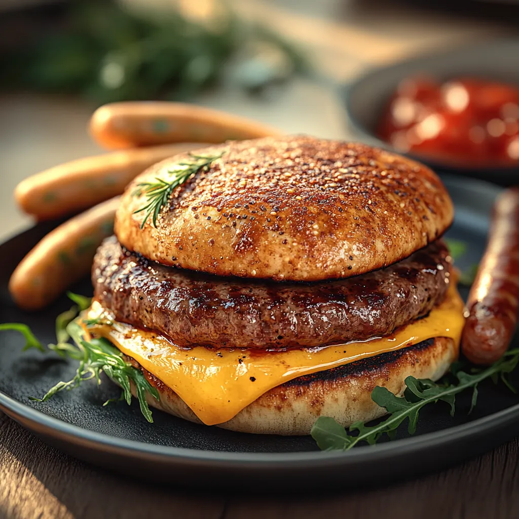 A burger with a bun and a hot dog on the side.