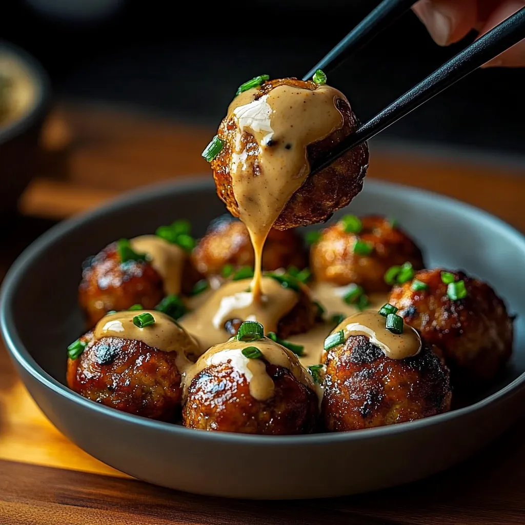 A person is dipping meatballs in sauce.