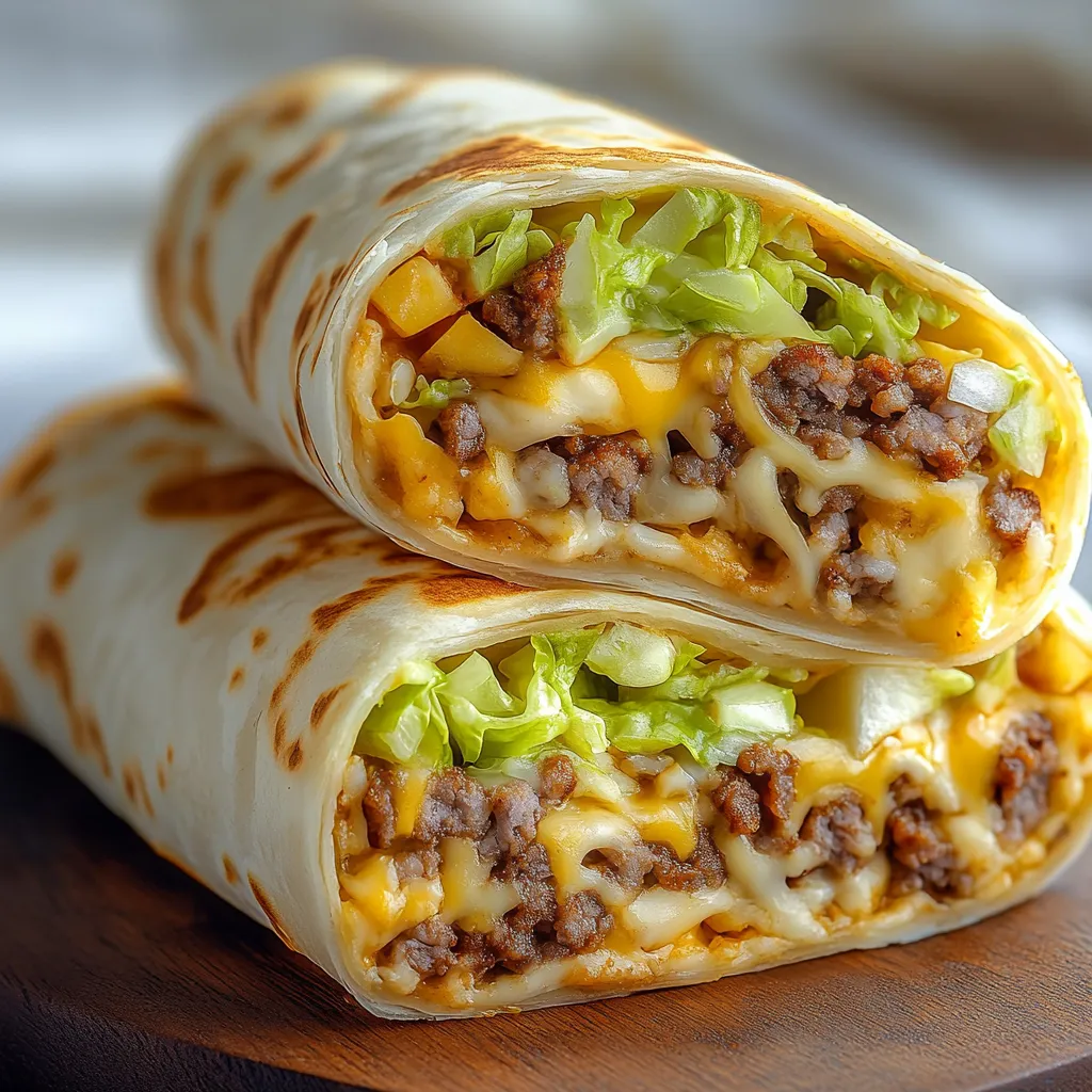 Two burritos with lettuce and cheese.