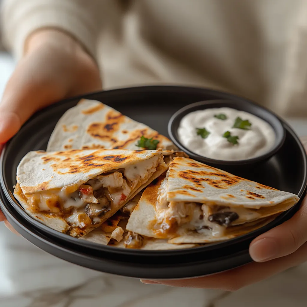 A person holds a plate with a burrito and a bowl of sour cream.
