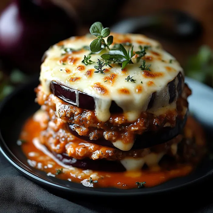 A stack of food with a green topping.