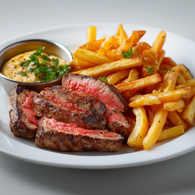 A plate of food with steak and fries.