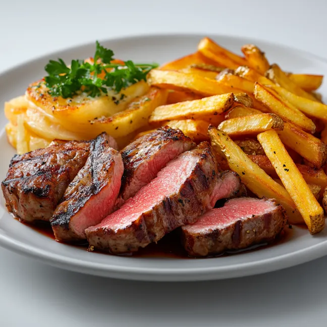 A plate of food with meat and fries.