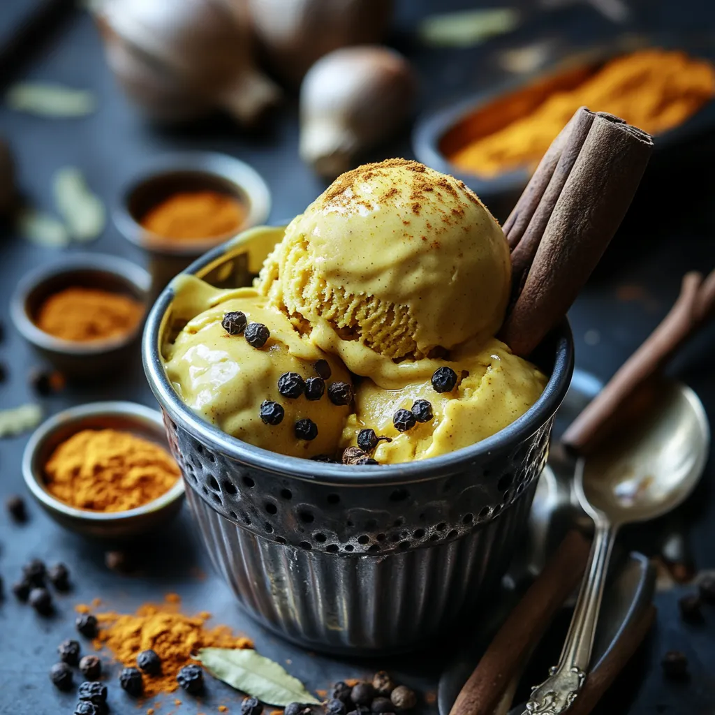 A bowl of ice cream with cinnamon sticks in it.