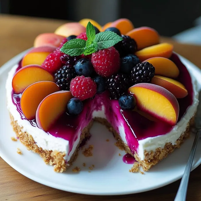 A slice of cake with berries and peaches.