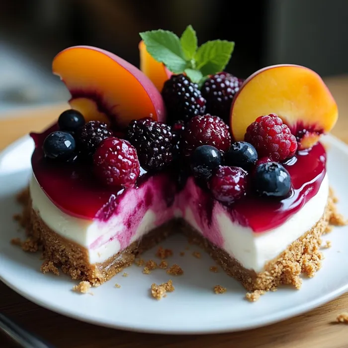A slice of cake with berries and peaches on top.
