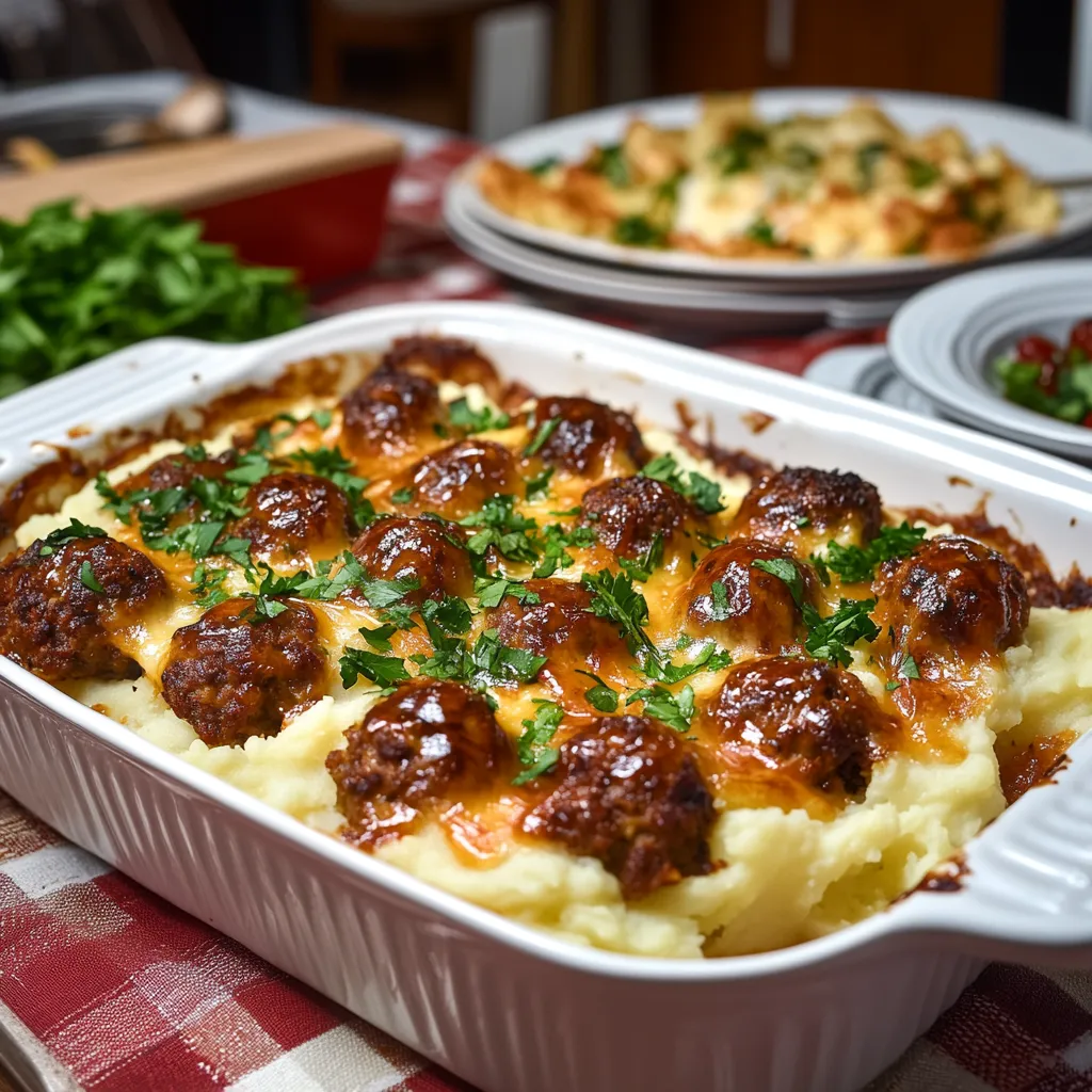A white bowl of food with meatballs and potatoes.
