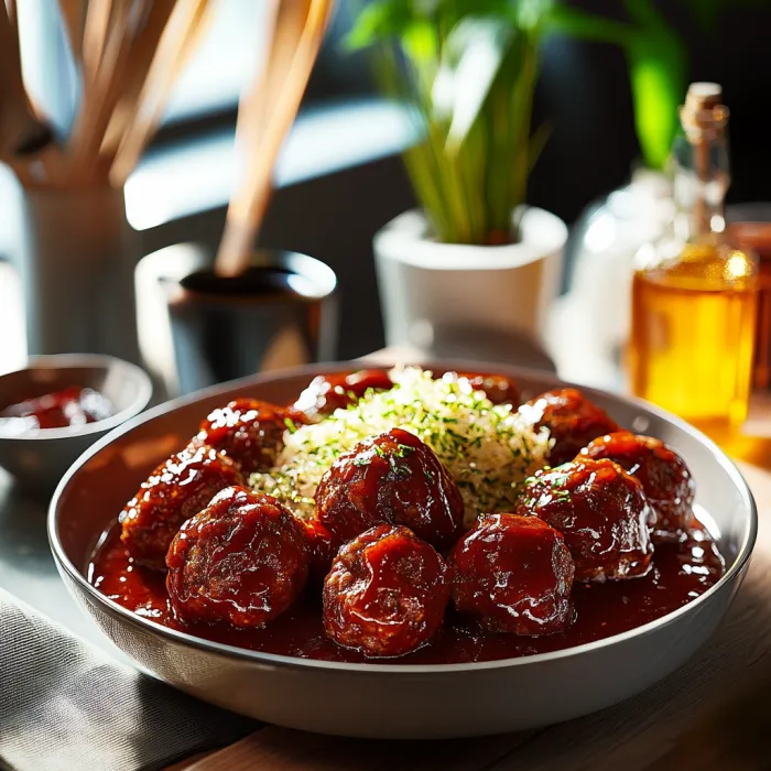 A plate of meatballs with rice and sauce.