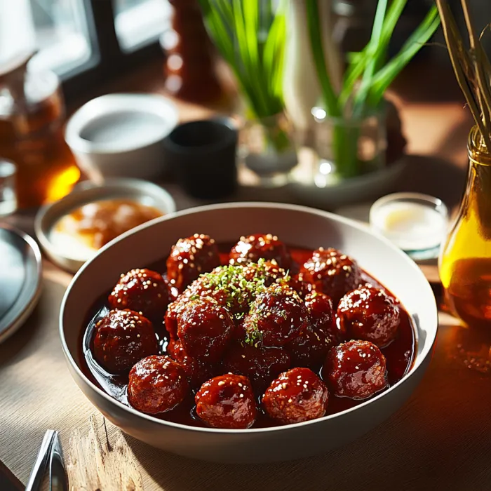 A bowl of meatballs with a spoon in it.