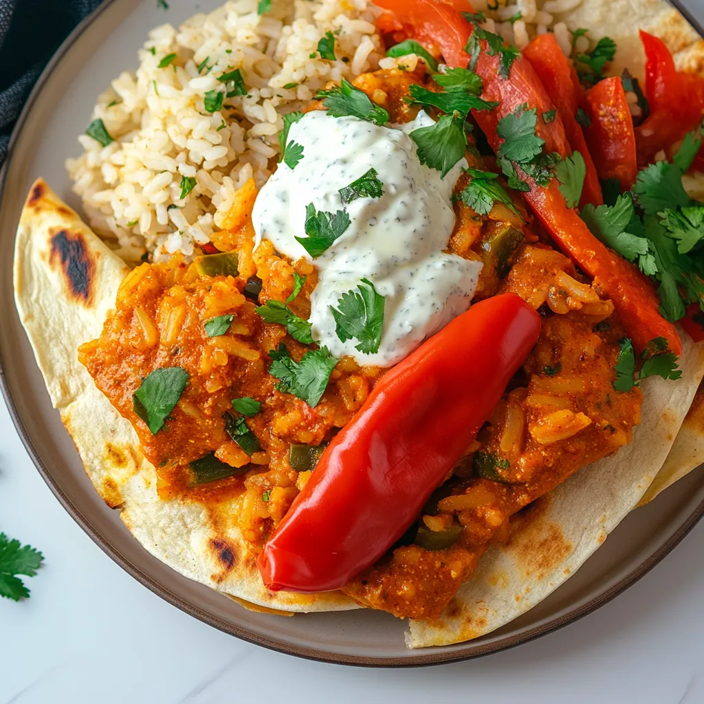A plate of food with rice, peppers, and sauce.