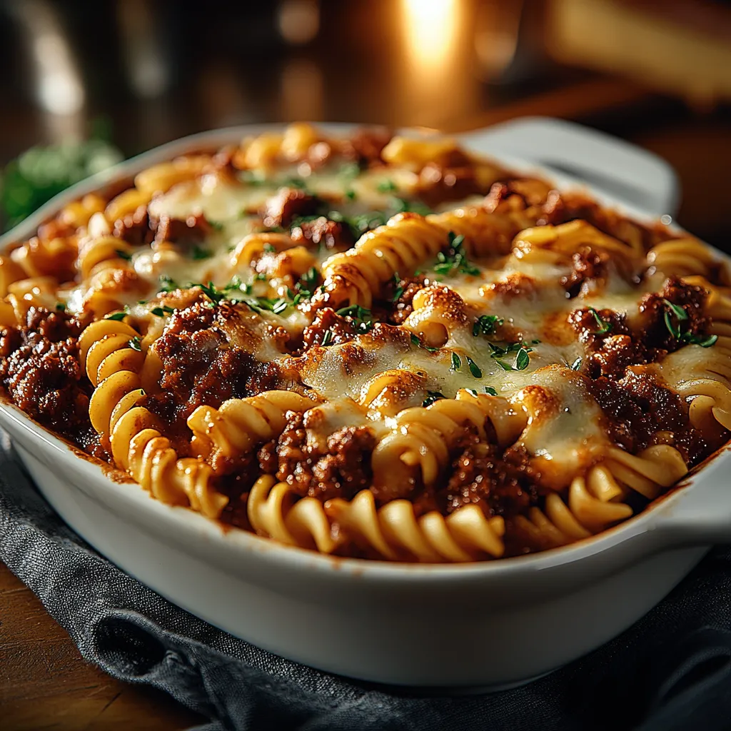 A bowl of pasta with meat and cheese.