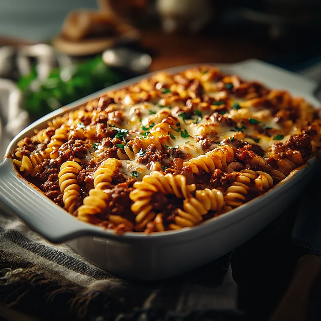 A white bowl filled with pasta and meat.