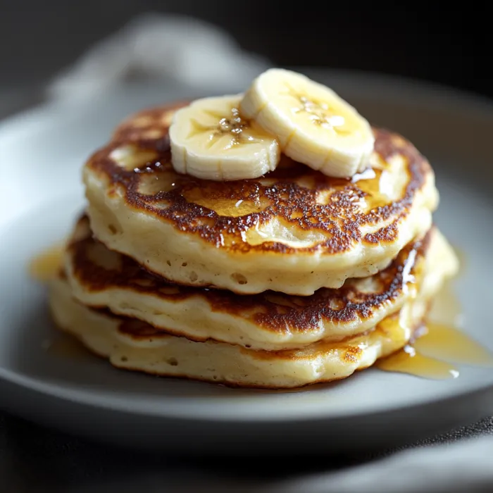 A stack of pancakes with bananas on top.