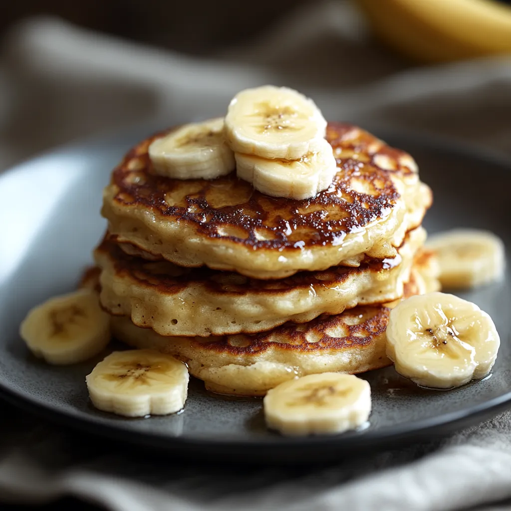 A stack of pancakes with bananas on top.