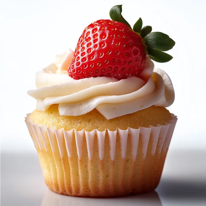 A cupcake with a strawberry on top.