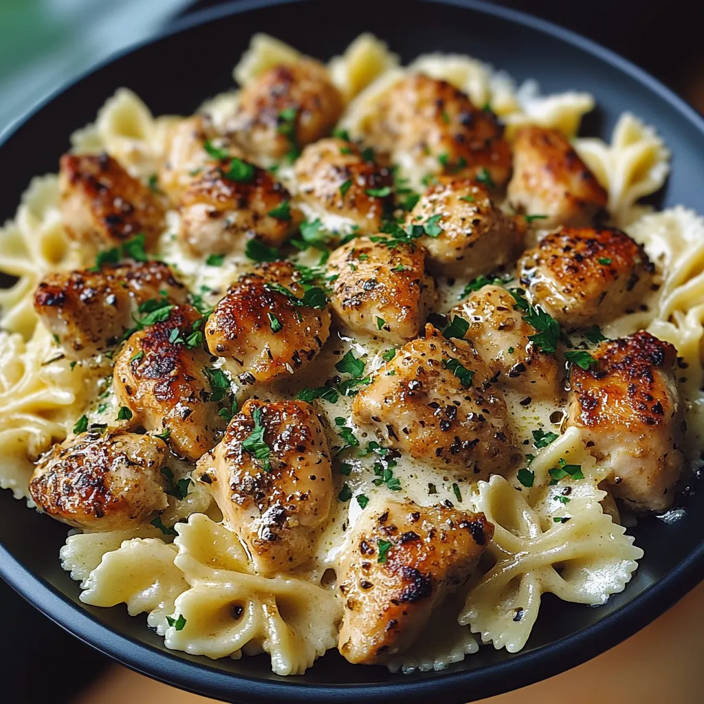 A plate of chicken and pasta.