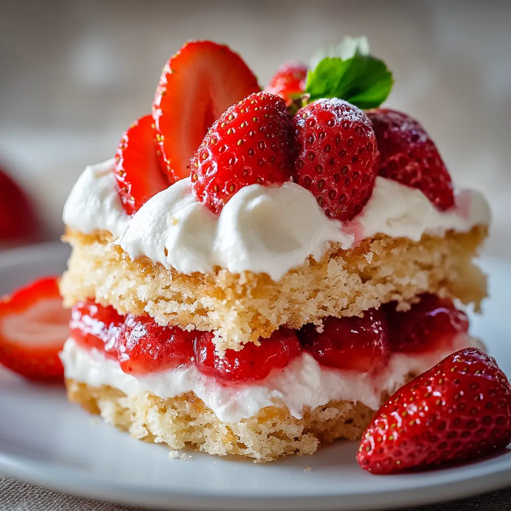 A stack of cake with strawberries on top.