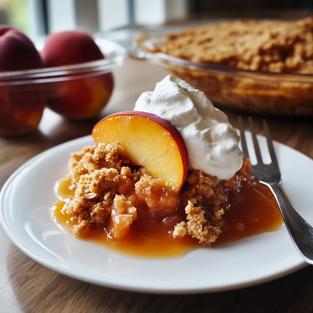 A slice of peach pie with whipped cream on top.