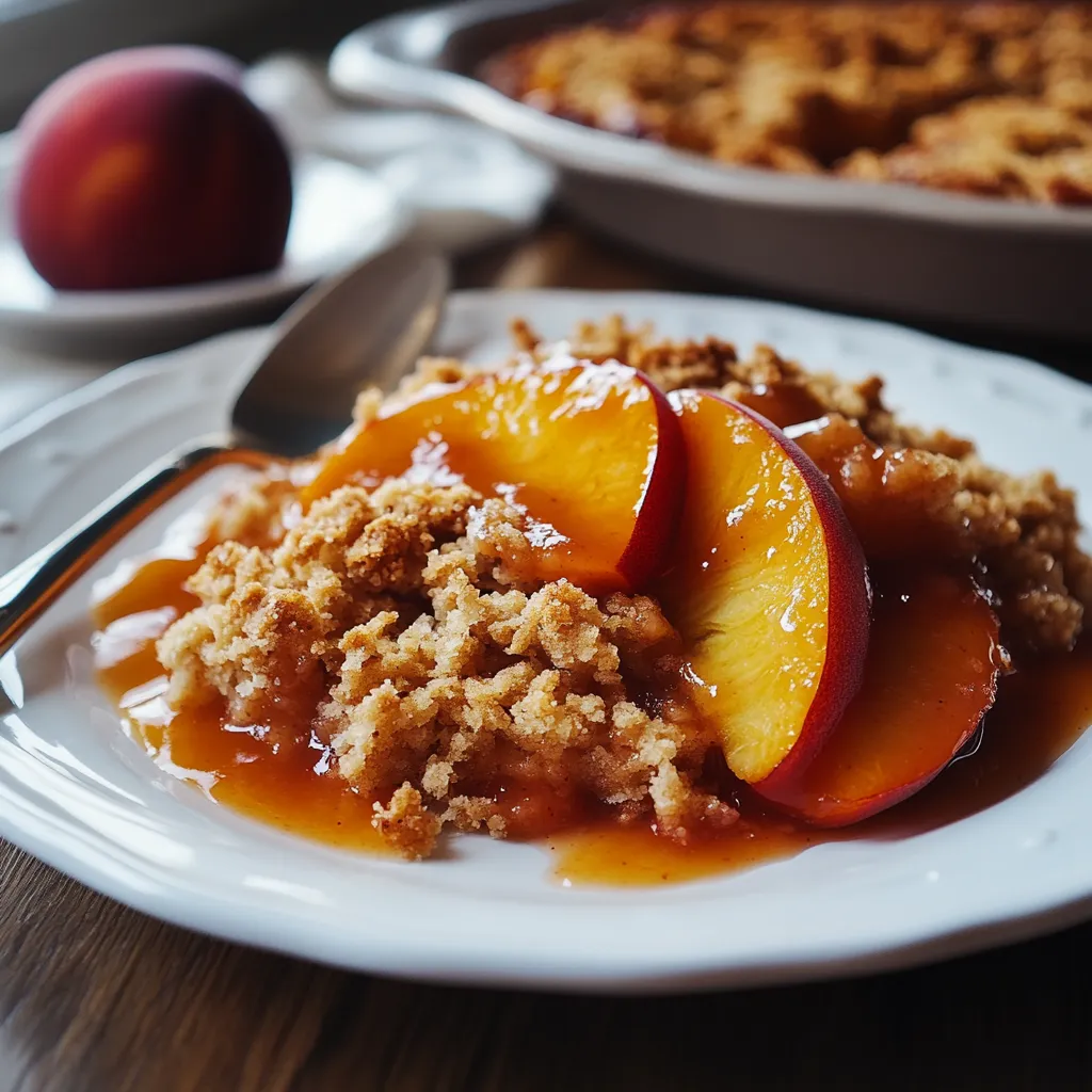 A plate of peach cobbler with a spoon on it.