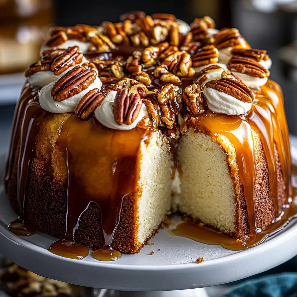 A slice of cake with nuts on top.