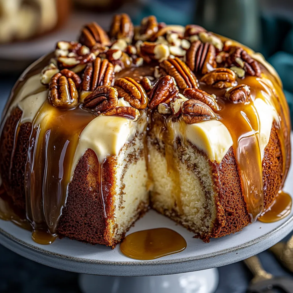 A slice of cake with pecans.
