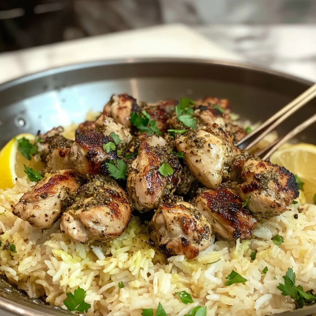 A bowl of rice with chicken and lemon.