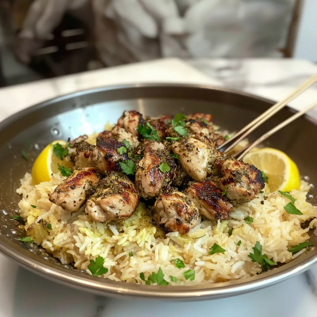 A bowl of rice with chicken and lemon wedges.
