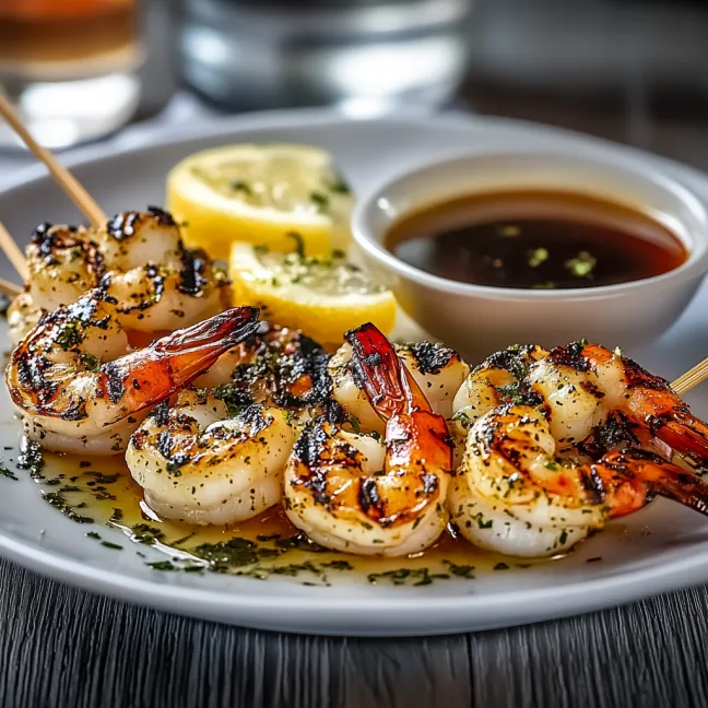 A plate of shrimp with lemon and sauce.